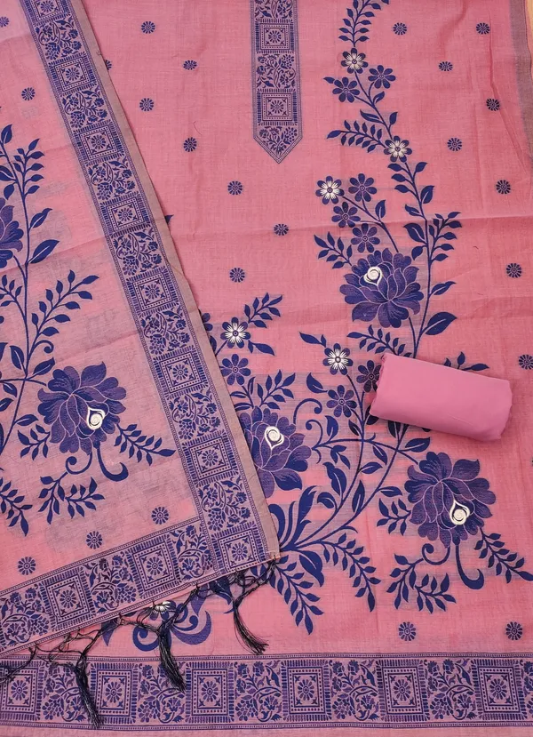 Pink_Jamdani_Banarasi_Cotton_Weaving_Unstitched_Kurta_Set_For_Women