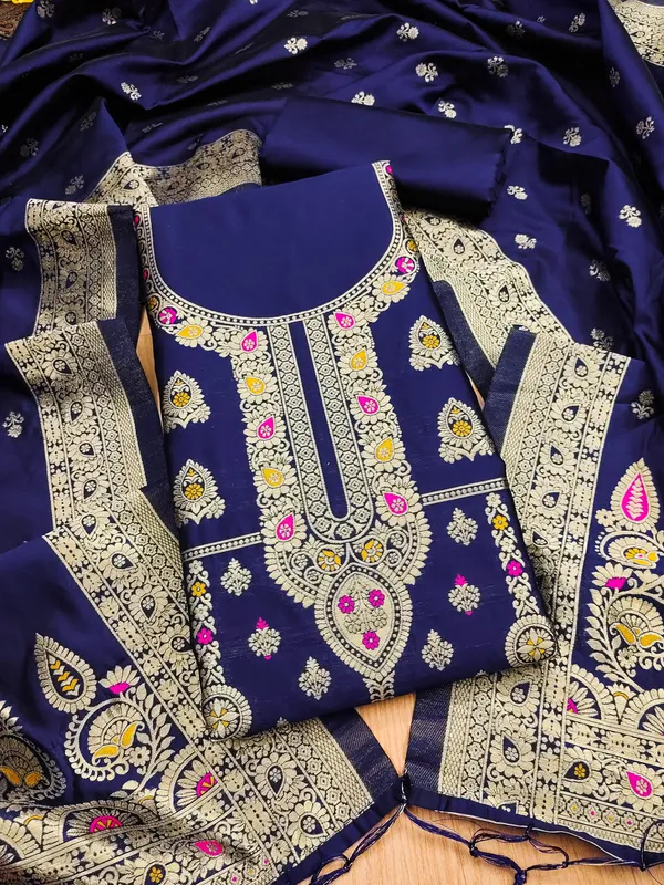 Navy_Blue_Soft_Litchi_Banarasi_Silk_Weaving_Unstitched_Kurta_Set_For_Women
