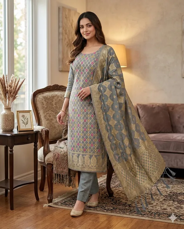 Grey_Chanderi_Banarasi_Cotton_Weaving_Unstitched_Kurta_Set_For_Women