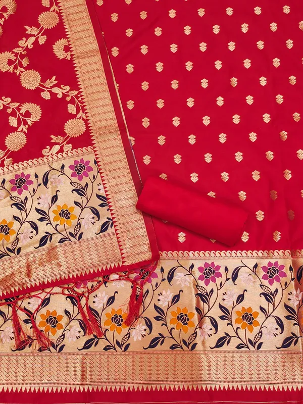 Red_Soft_Litchi_Banarasi_Silk_Weaving_Unstitched_Kurta_Set_For_Women