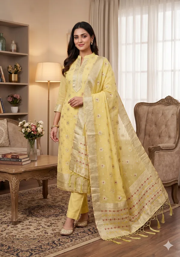 Yellow_Organza_Banarasi_Silk_Weaving_Unstitched_Kurta_Set_For_Women