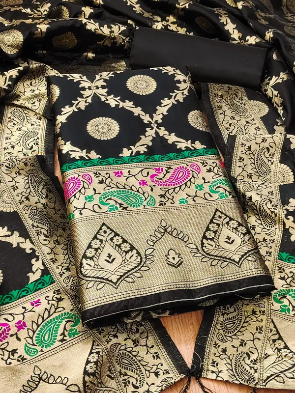 Black_Soft_Litchi_Banarasi_Silk_Weaving_Unstitched_Kurta_Set_For_Women