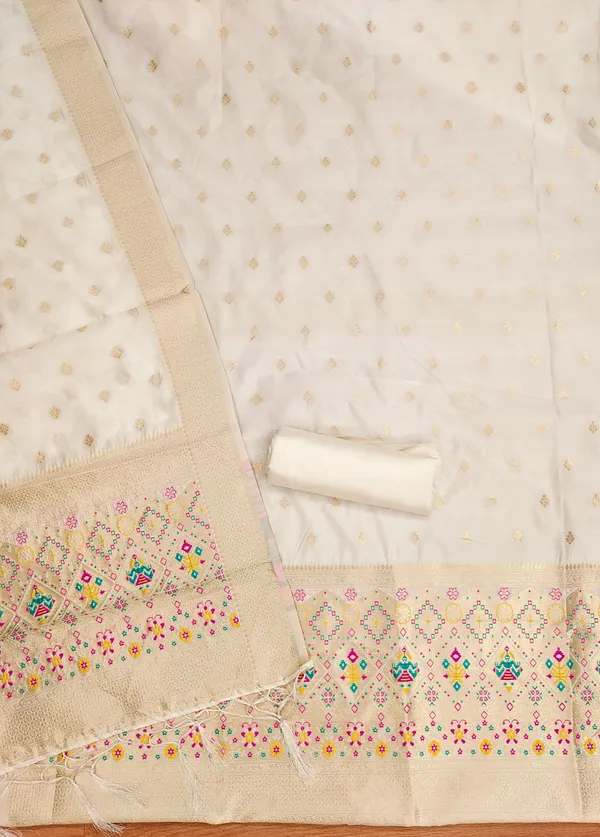 White_Soft_Litchi_Banarasi_Silk_Weaving_Unstitched_Kurta_Set_For_Women