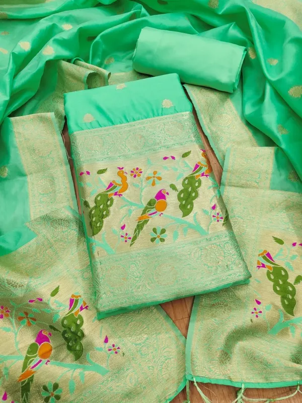 Sea_Green_Soft_Litchi_Banarasi_Silk_Weaving_Unstitched_Kurta_Set_For_Women