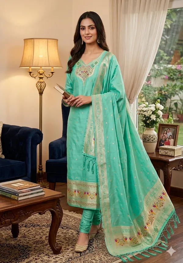 Sage_Green_Soft_Litchi_Banarasi_Silk_Weaving_Unstitched_Kurta_Set_For_Women