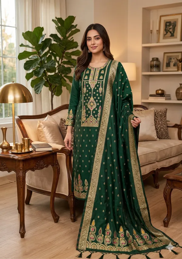 Green_Soft_Litchi_Banarasi_Silk_Weaving_Unstitched_Kurta_Set_For_Women