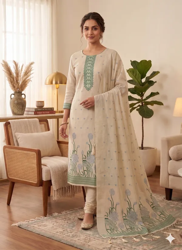 Chiku_Muga_Banarasi_Cotton_Weaving_Unstitched_Kurta_Set_For_Women