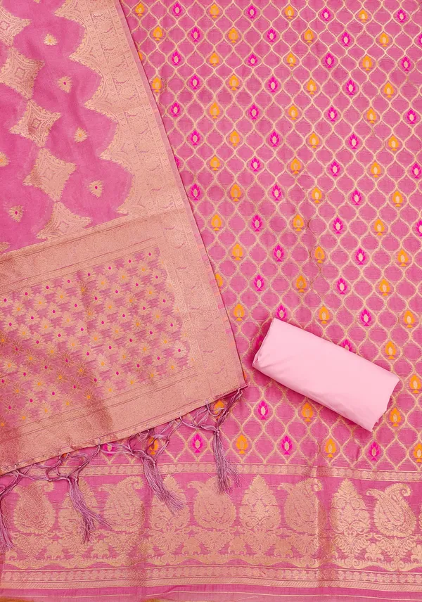 Pink_Chanderi_Banarasi_Cotton_Weaving_Unstitched_Kurta_Set_For_Women