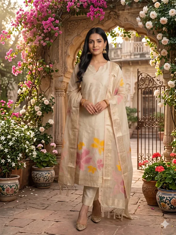 Cream_Shimmer_Banarasi_Silk_Weaving_Unstitched_Kurta_Set_For_Women