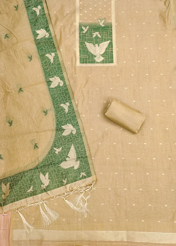 Beige_Jamdani_Banarasi_Cotton_Weaving_Unstitched_Kurta_Set_For_Women