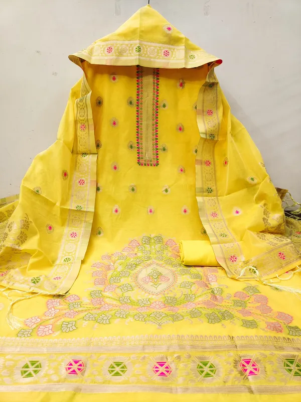 Yellow_Chanderi_Banarasi_Cotton_Weaving_Unstitched_Kurta_Set_For_Women