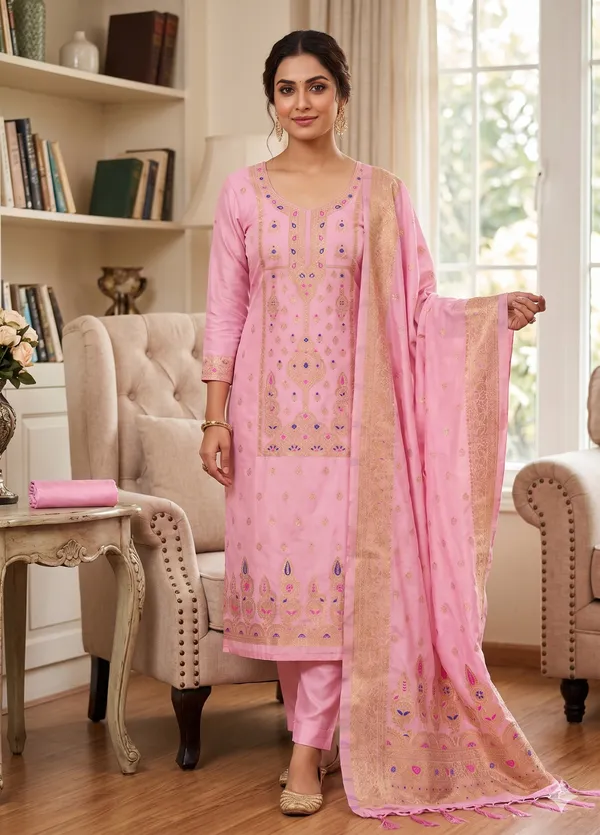Pink_Soft_Litchi_Banarasi_Silk_Weaving_Unstitched_Kurta_Set_For_Women