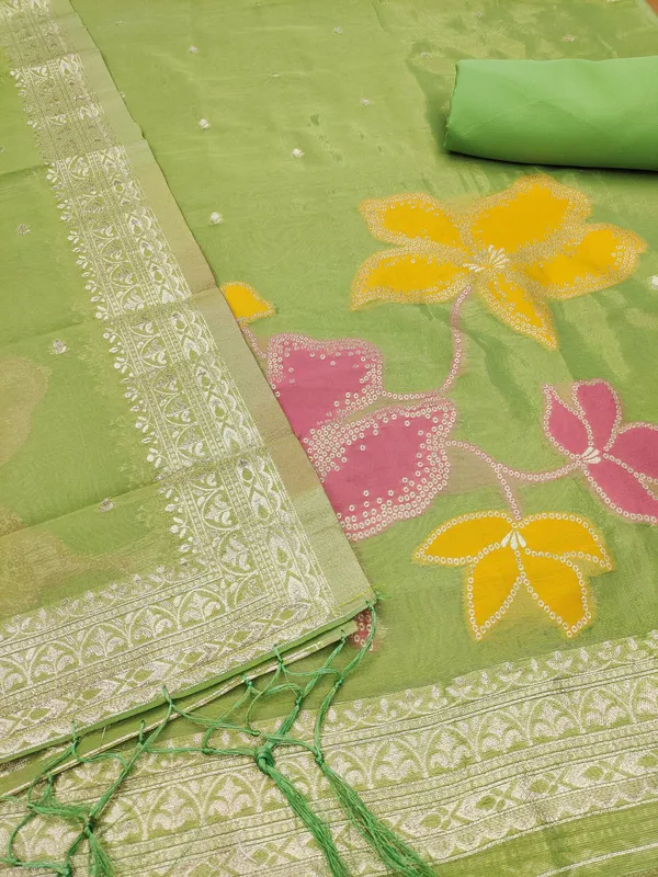 Green_Shimmer_Banarasi_Silk_Weaving_Unstitched_Kurta_Set_For_Women