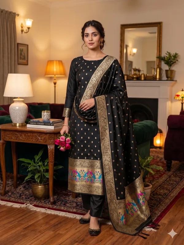 Black_Soft_Litchi_Banarasi_Silk_Weaving_Unstitched_Kurta_Set_For_Women