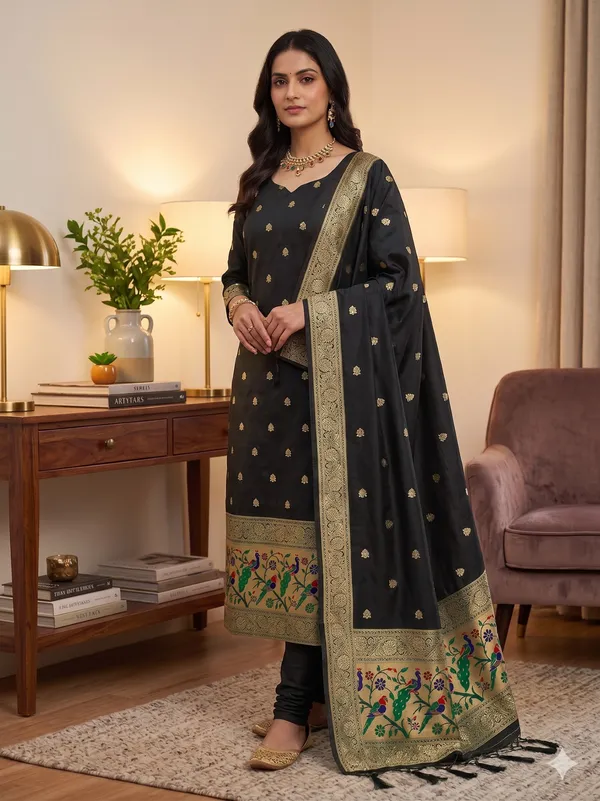 Black_Soft_Litchi_Banarasi_Silk_Weaving_Unstitched_Kurta_Set_For_Women