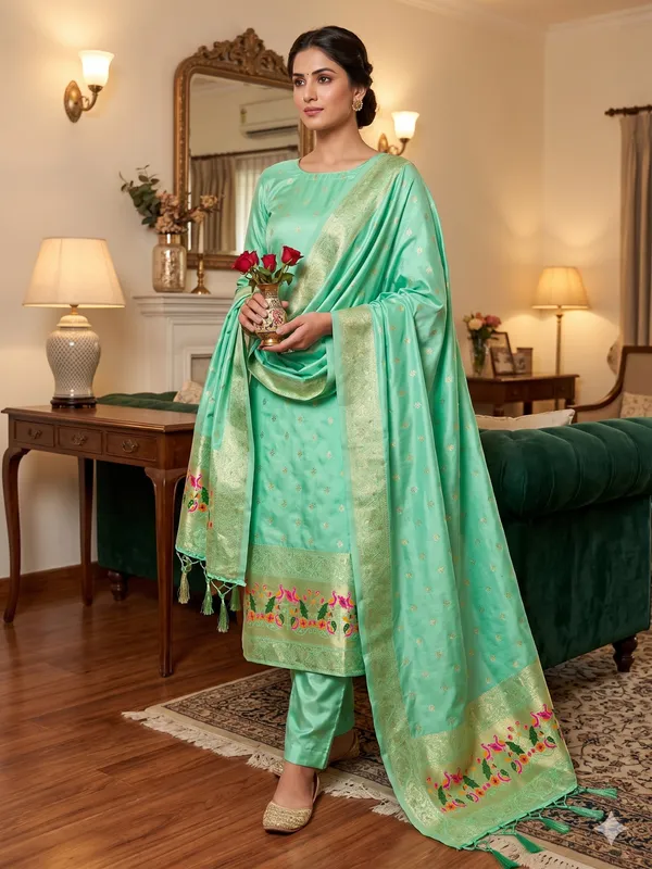Sea_Green_Soft_Litchi_Banarasi_Silk_Weaving_Unstitched_Kurta_Set_For_Women
