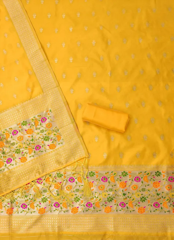 Yellow_Soft_Litchi_Banarasi_Silk_Weaving_Unstitched_Kurta_Set_For_Women