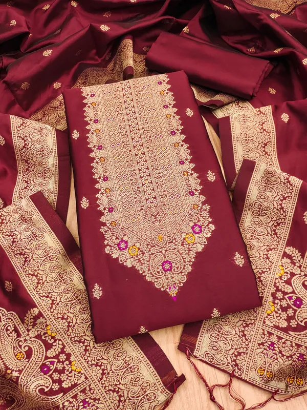 Maroon_Soft_Litchi_Banarasi_Silk_Weaving_Unstitched_Kurta_Set_For_Women