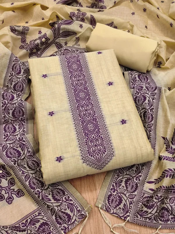 Cream_Jamdani_Banarasi_Cotton_Weaving_Unstitched_Kurta_Set_For_Women