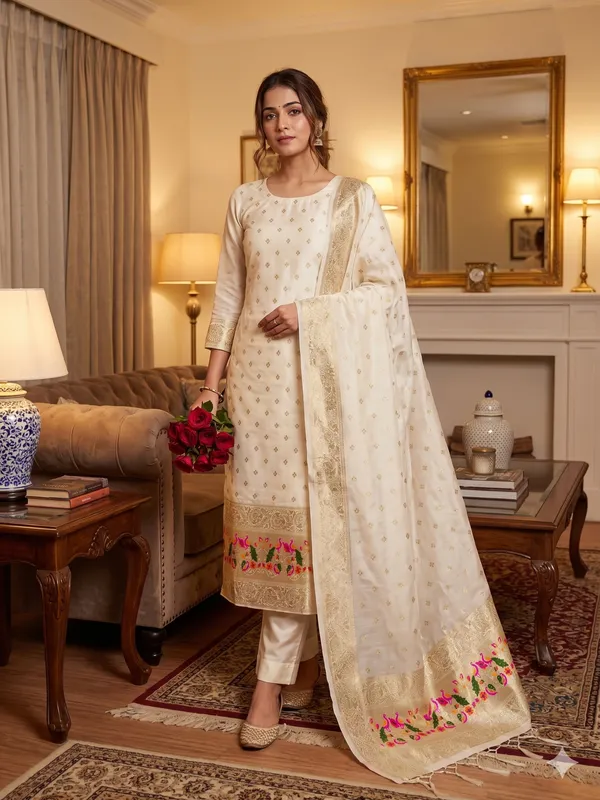 White_Soft_Litchi_Banarasi_Silk_Weaving_Unstitched_Kurta_Set_For_Women