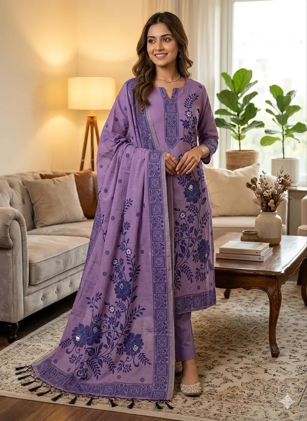 Purple_Jamdani_Banarasi_Cotton_Weaving_Unstitched_Kurta_Set_For_Women