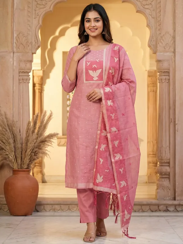 Pink_Jamdani_Banarasi_Cotton_Weaving_Unstitched_Kurta_Set_For_Women