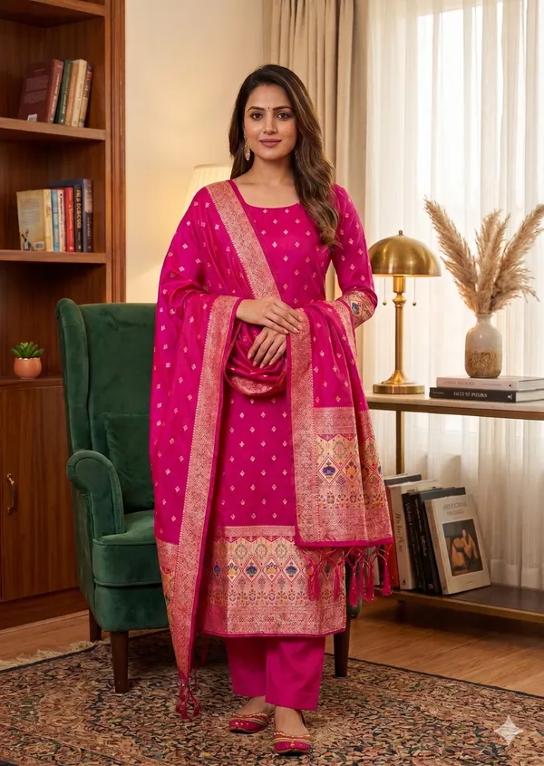 Pink_Soft_Litchi_Banarasi_Silk_Weaving_Unstitched_Kurta_Set_For_Women