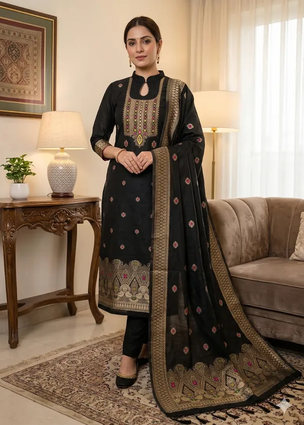 Black_Chanderi_Banarasi_Cotton_Weaving_Unstitched_Kurta_Set_For_Women