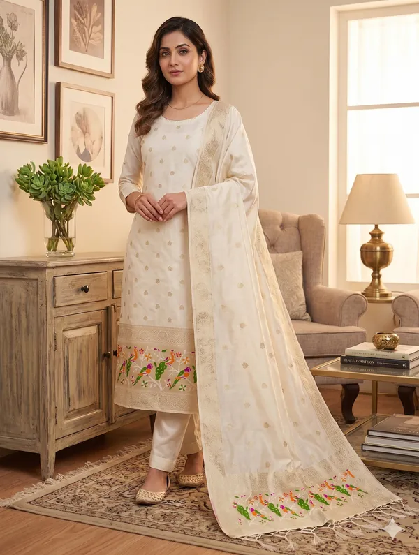 White_Soft_Litchi_Banarasi_Silk_Weaving_Unstitched_Kurta_Set_For_Women
