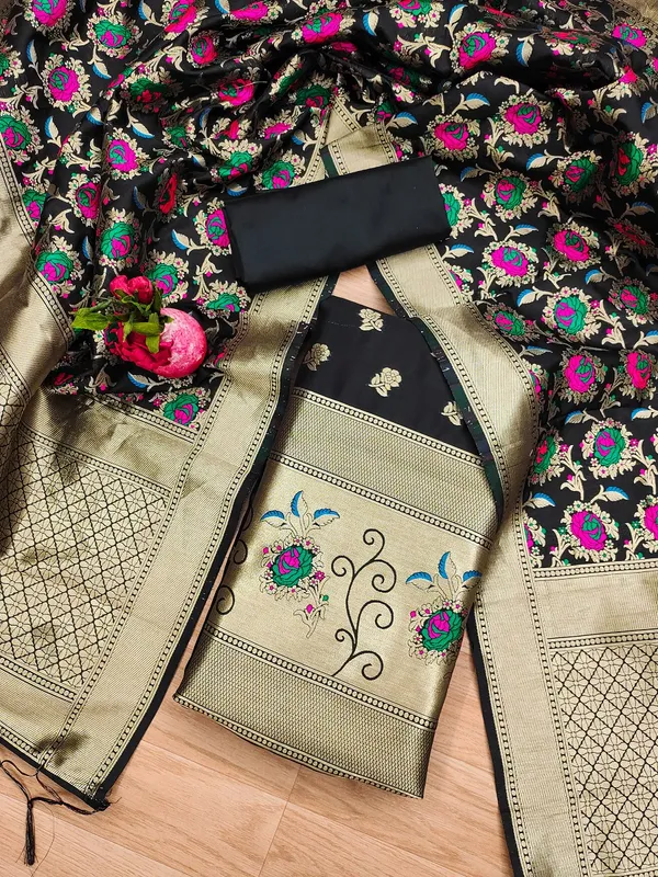 Black_Soft_Litchi_Banarasi_Silk_Weaving_Unstitched_Kurta_Set_For_Women