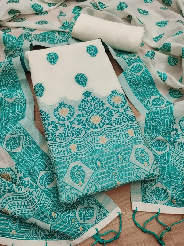 Teal_Handloom_Banarasi_Cotton_Weaving_Unstitched_Kurta_Set_For_Women