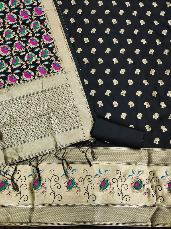 Black_Soft_Litchi_Banarasi_Silk_Weaving_Unstitched_Kurta_Set_For_Women