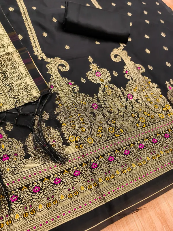Black_Soft_Litchi_Banarasi_Silk_Weaving_Unstitched_Kurta_Set_For_Women
