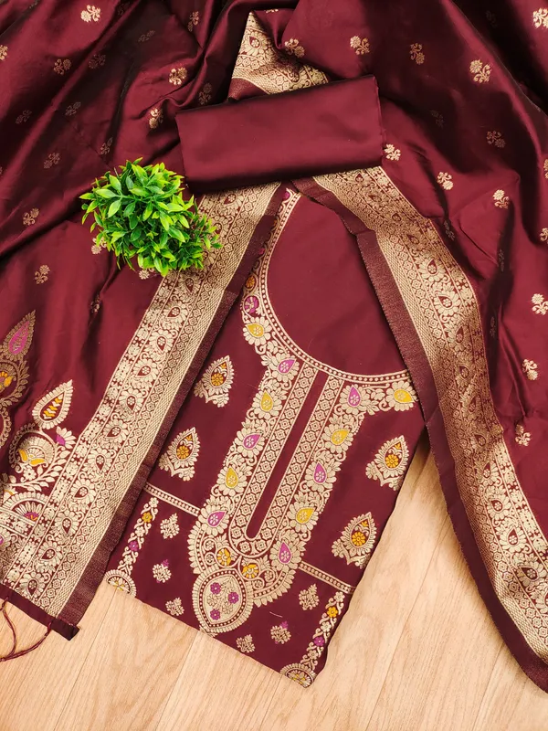 Maroon_Soft_Litchi_Banarasi_Silk_Weaving_Unstitched_Kurta_Set_For_Women