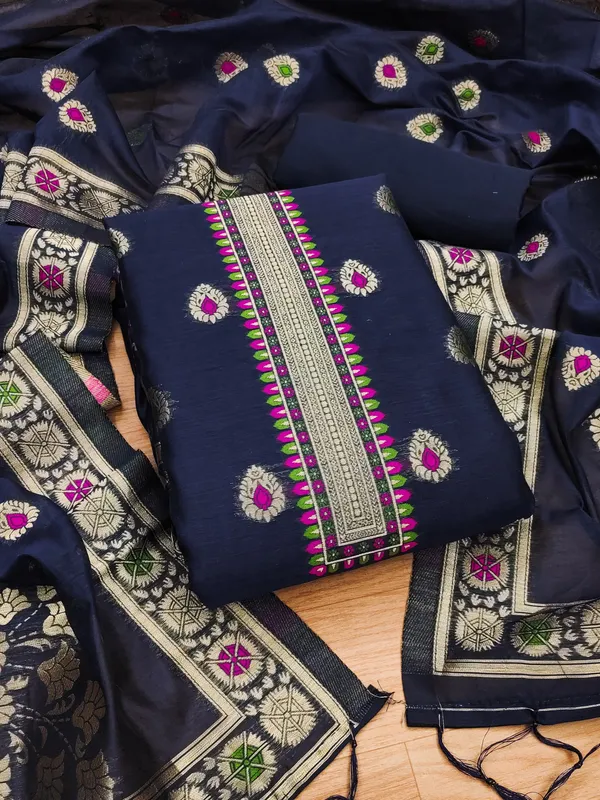 Navy_Blue_Chanderi_Banarasi_Cotton_Weaving_Unstitched_Kurta_Set_For_Women