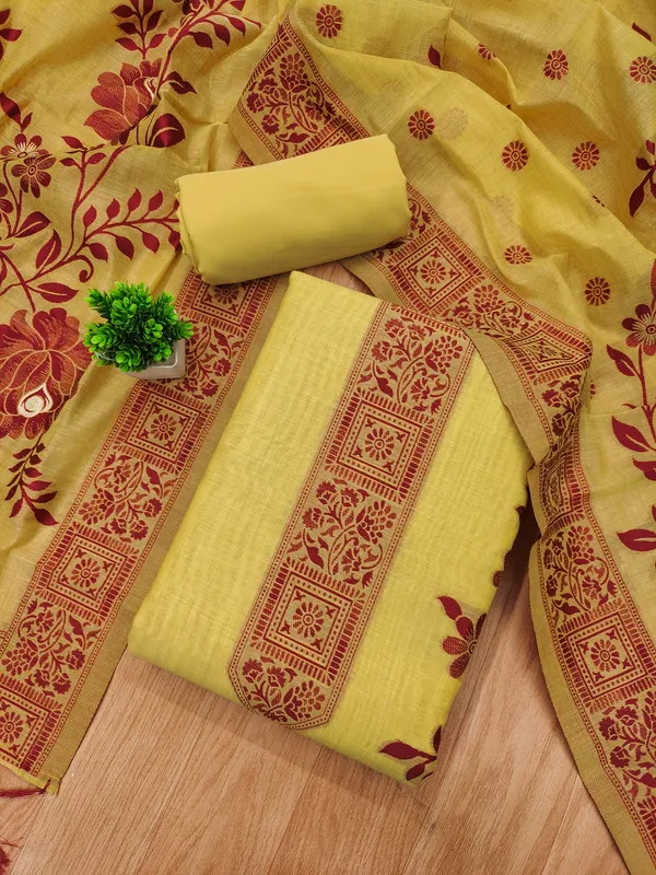Yellow_Jamdani_Banarasi_Cotton_Weaving_Unstitched_Kurta_Set_For_Women