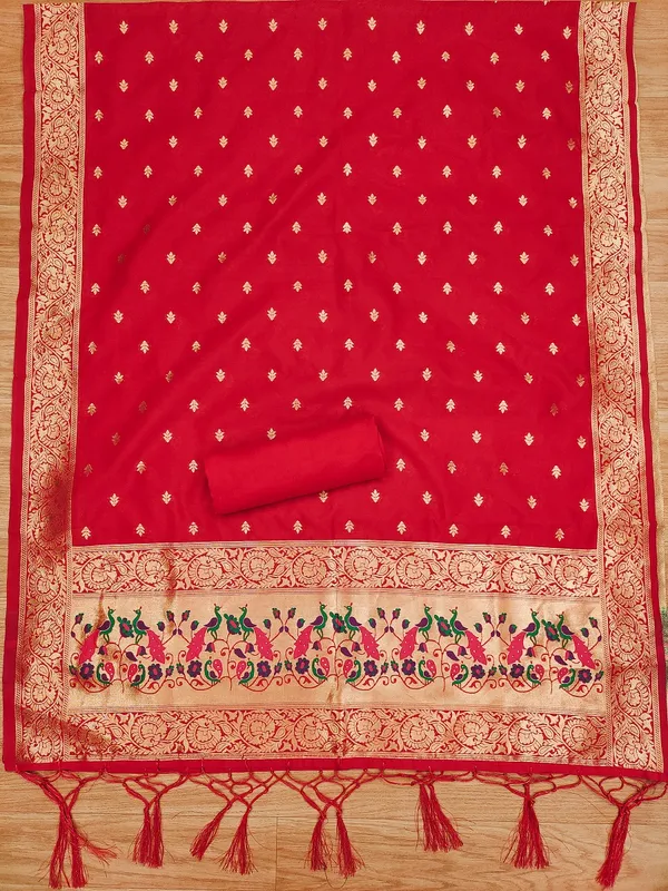 Red_Soft_Litchi_Banarasi_Silk_Weaving_Unstitched_Kurta_Set_For_Women
