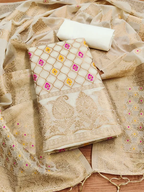 White_Chanderi_Banarasi_Cotton_Weaving_Unstitched_Kurta_Set_For_Women