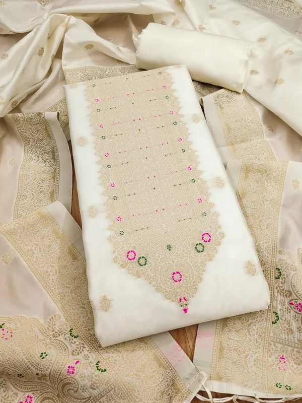 White_Soft_Litchi_Banarasi_Silk_Weaving_Unstitched_Kurta_Set_For_Women
