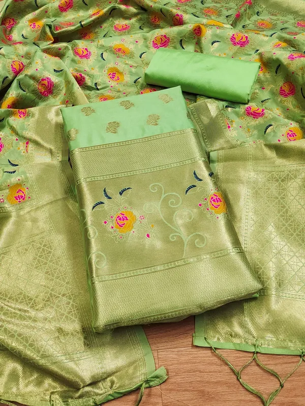 Pista_Soft_Litchi_Banarasi_Silk_Weaving_Unstitched_Kurta_Set_For_Women