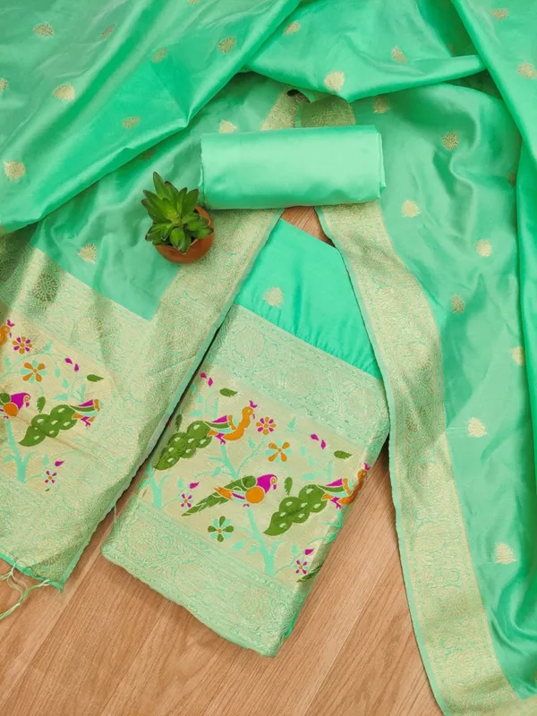Sea_Green_Soft_Litchi_Banarasi_Silk_Weaving_Unstitched_Kurta_Set_For_Women