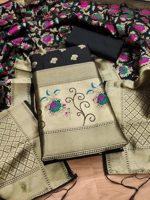 Black_Soft_Litchi_Banarasi_Silk_Weaving_Unstitched_Kurta_Set_For_Women