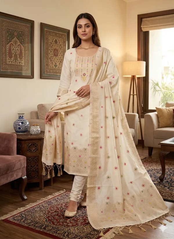 White_Chanderi_Banarasi_Cotton_Weaving_Unstitched_Kurta_Set_For_Women