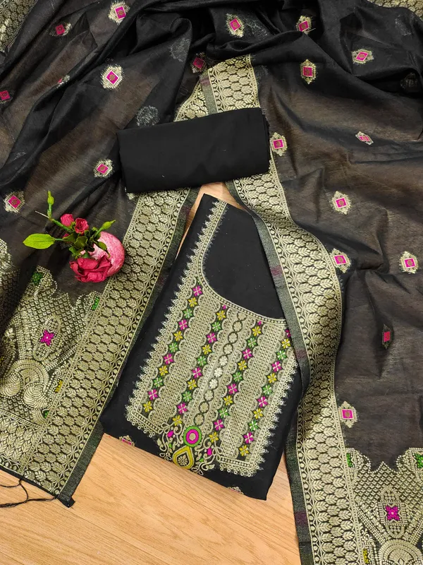 Black_Chanderi_Banarasi_Cotton_Weaving_Unstitched_Kurta_Set_For_Women