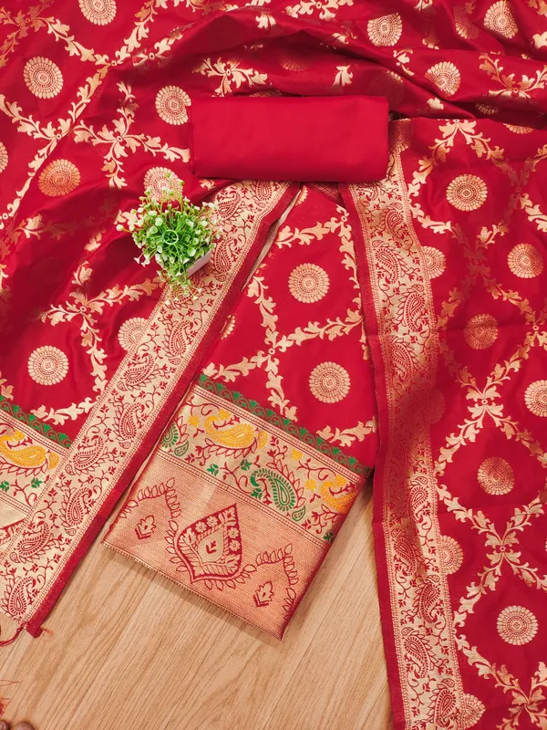 Red_Soft_Litchi_Banarasi_Silk_Weaving_Unstitched_Kurta_Set_For_Women