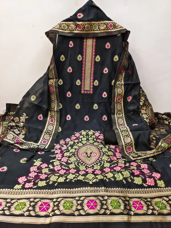 Black_Chanderi_Banarasi_Cotton_Weaving_Unstitched_Kurta_Set_For_Women