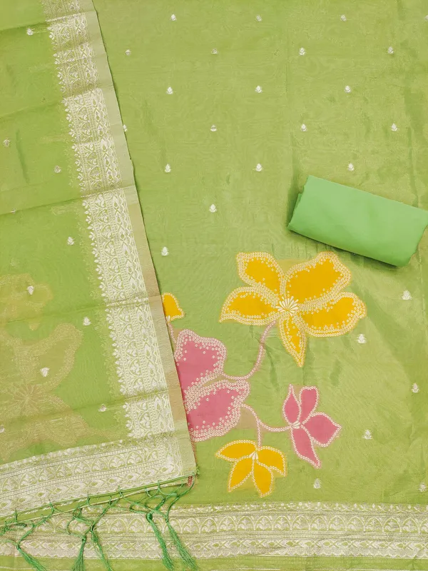 Green_Shimmer_Banarasi_Silk_Weaving_Unstitched_Kurta_Set_For_Women