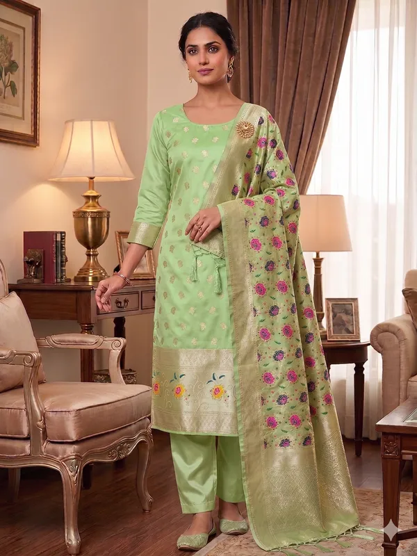 Pista_Soft_Litchi_Banarasi_Silk_Weaving_Unstitched_Kurta_Set_For_Women