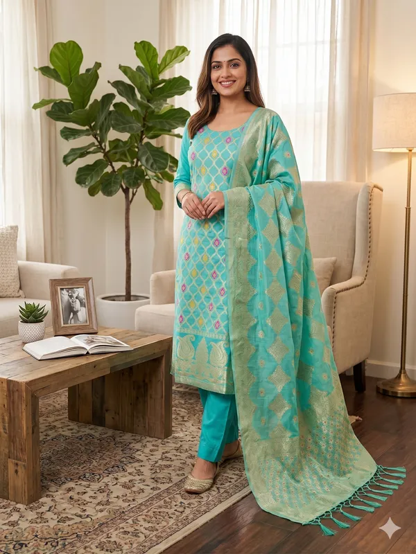 Sea_Green_Chanderi_Banarasi_Cotton_Weaving_Unstitched_Kurta_Set_For_Women