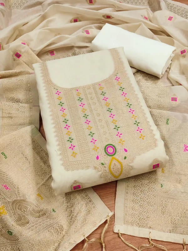 White_Chanderi_Banarasi_Cotton_Weaving_Unstitched_Kurta_Set_For_Women